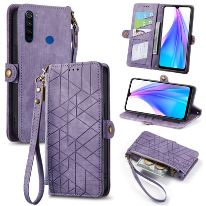 Lavender geometric zipper leather phone case with wrist strap and card slots, side buckle closure