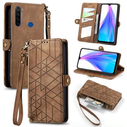 Tan geometric zipper leather phone case with wrist strap and card slots, side buckle closure