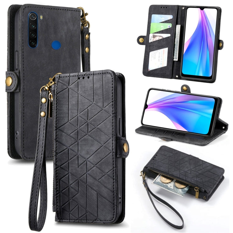 Dark gray geometric zipper leather phone case with wrist strap and card slots, side buckle closure