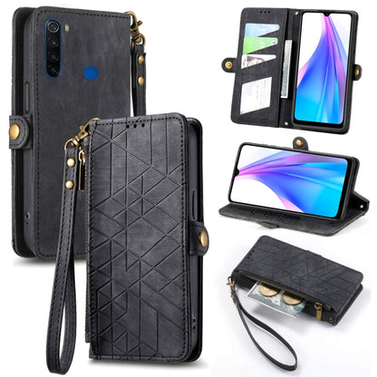 Dark gray geometric zipper leather phone case with wrist strap and card slots, side buckle closure