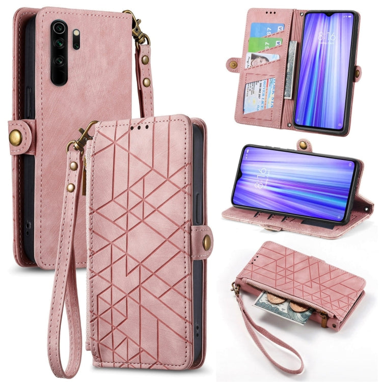 Pink leather phone case with geometric embossed pattern, zipper wallet, wrist strap.