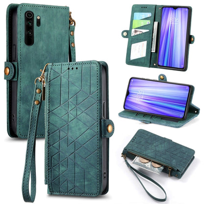 Teal green leather wallet phone case with geometric embossing and side buckle, zipped cover.