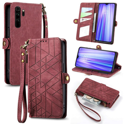 Burgundy leather wallet phone case with geometric embossing, side buckle, zipper closure.