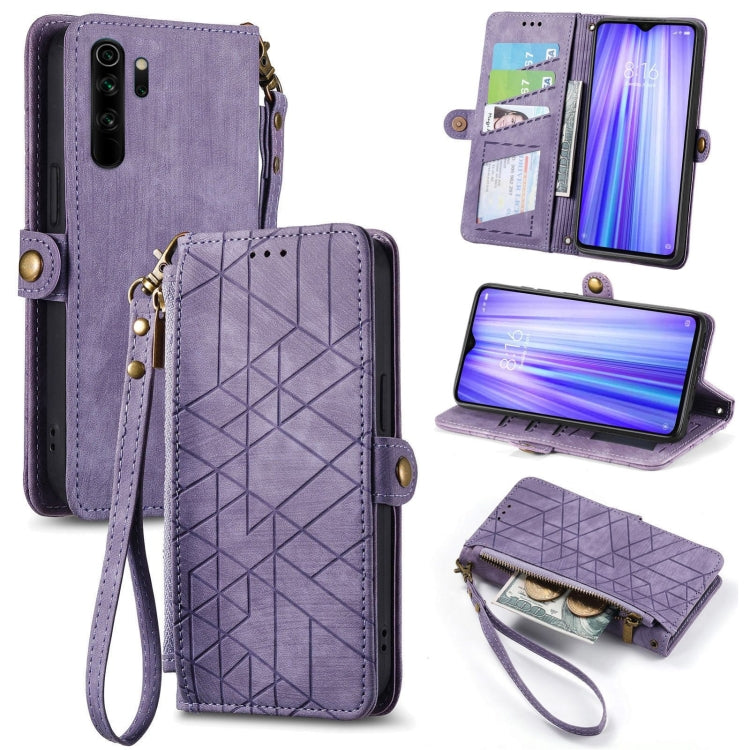 Lavender purple leather wallet phone case with geometric embossed design and zipper closure.
