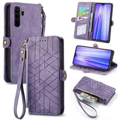 Lavender purple leather wallet phone case with geometric embossed design and zipper closure.