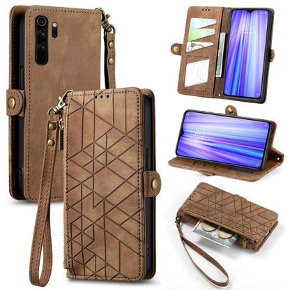 Tan brown leather wallet phone case with geometric embossing, zipper closure, wrist strap.