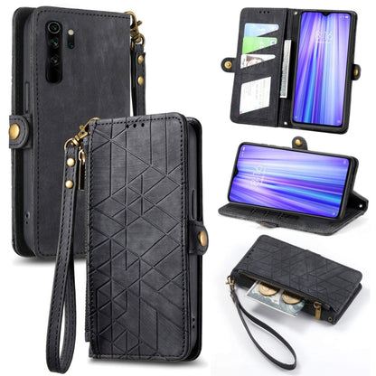 Black geometric leather phone wallet case with side buckle and zipper, wrist strap.
