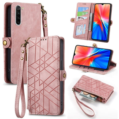 Light pink geometric zipper leather phone case with wrist strap and card slots, side buckle closure
