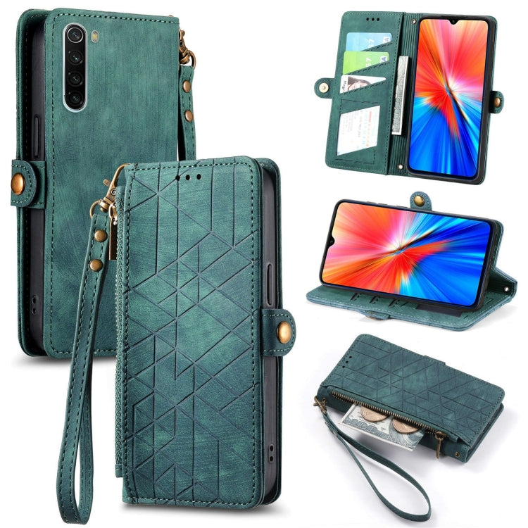 Green leather phone case with geometric embossing, zipper, side buckle, wrist strap.