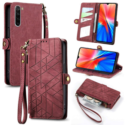 Burgundy leather phone case with geometric embossed design, zipper wallet, wrist strap.