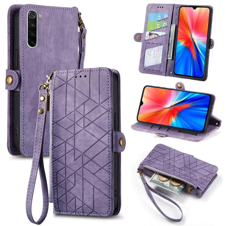 Purple leather phone case with geometric embossed pattern, zipper closure, wrist strap.
