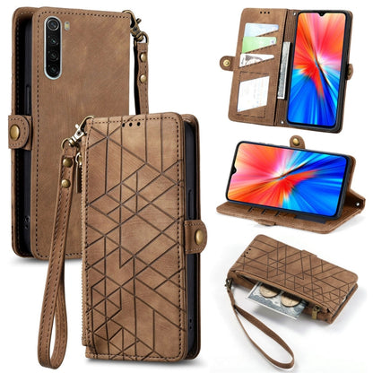 Brown leather phone case with geometric embossing, zipper wallet, side buckle and wrist strap.
