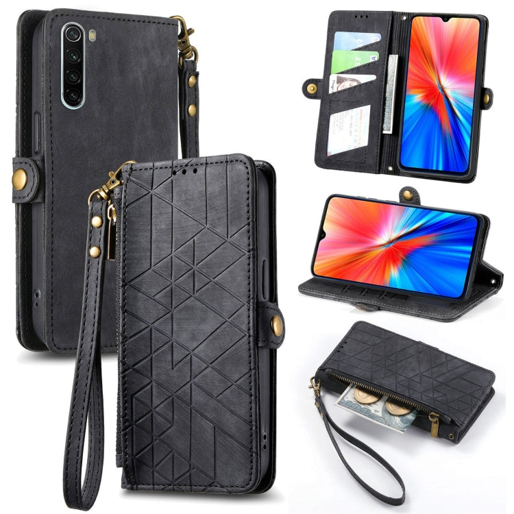 Black leather phone case with geometric embossing, zipper wallet, wrist strap.