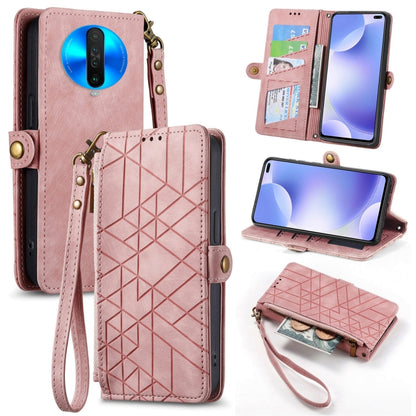 Geometric zipper wallet phone case with side buckle and wrist strap, light pink leather-look