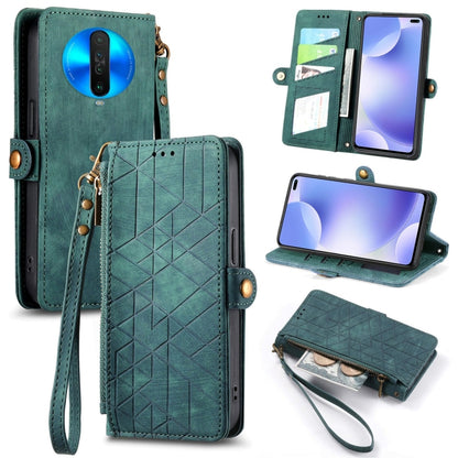 Geometric zipper wallet phone case with side buckle and wrist strap, dark teal green leather-look