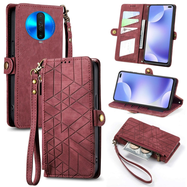 Geometric zipper wallet phone case with side buckle and wrist strap, dark red leather-look