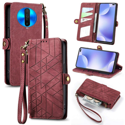 Geometric zipper wallet phone case with side buckle and wrist strap, dark red leather-look