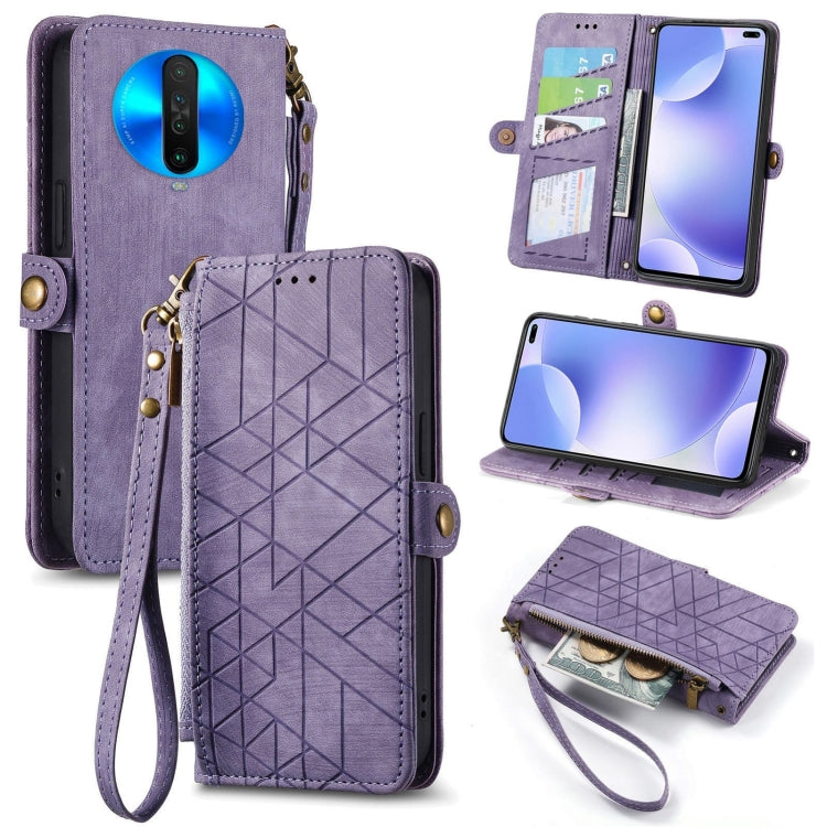 Purple geometric zipper leather phone case with wrist strap and card slots, side buckle closure