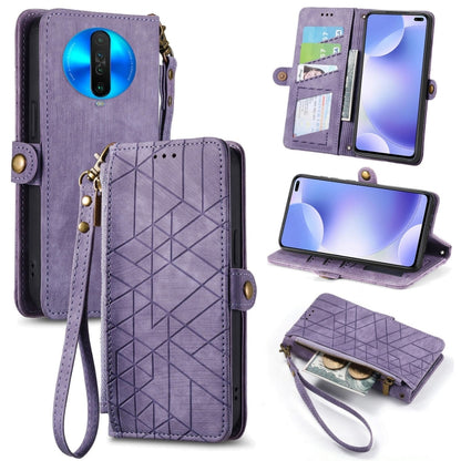 Purple geometric zipper leather phone case with wrist strap and card slots, side buckle closure