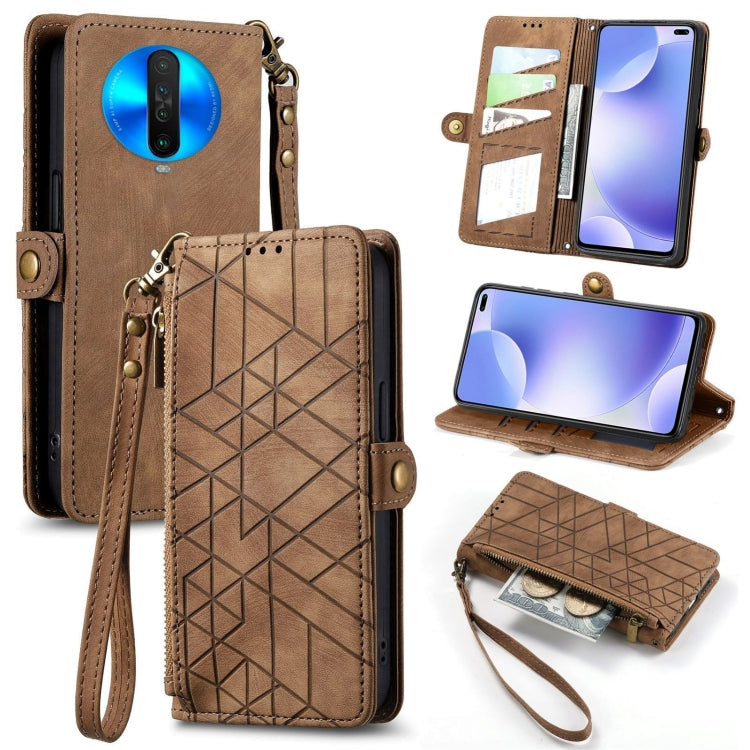 Brown geometric zipper leather phone case with wrist strap and card slots, side buckle closure