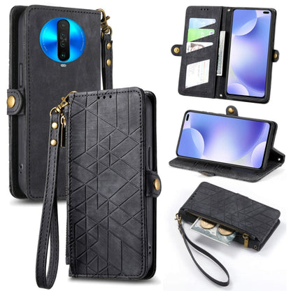 Black geometric zipper leather phone case with wrist strap and card slots, side buckle closure