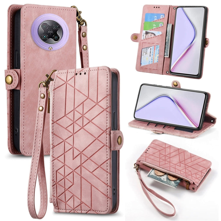 Geometric zipper wallet phone case with side buckle, light pink leather-style with wrist strap