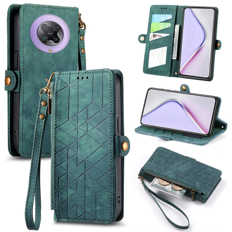 Geometric zipper wallet phone case with side buckle, teal green leather-style with wrist strap