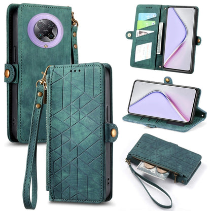 Geometric zipper wallet phone case with side buckle, teal green leather-style with wrist strap