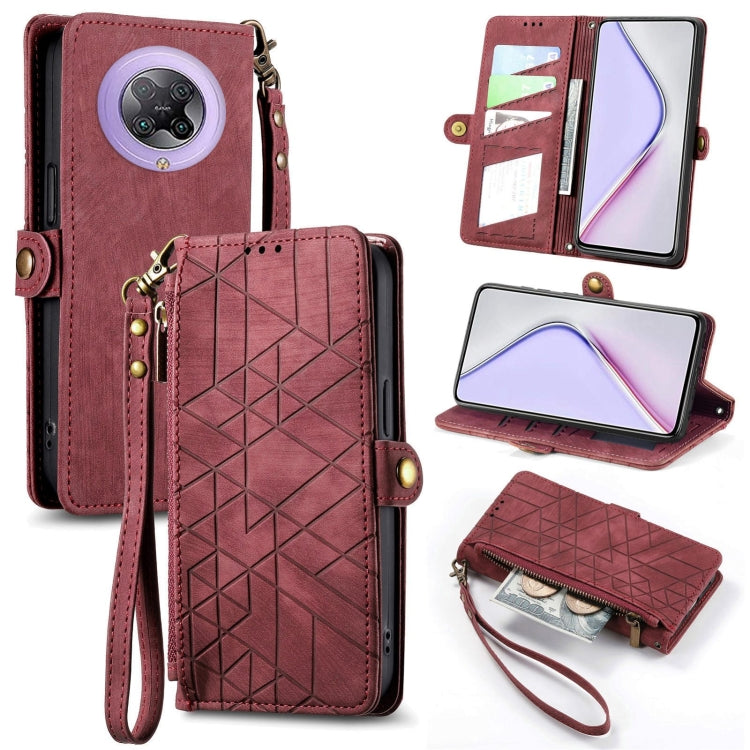 Geometric zipper wallet phone case with side buckle, dark rose red leather-style with wrist strap