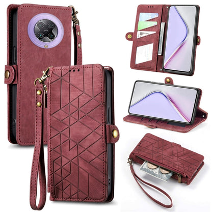 Geometric zipper wallet phone case with side buckle, dark rose red leather-style with wrist strap