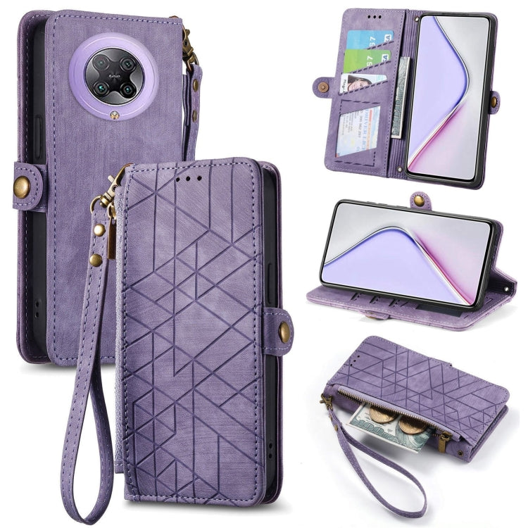 Geometric zipper wallet phone case with side buckle, lavender leather-style with wrist strap