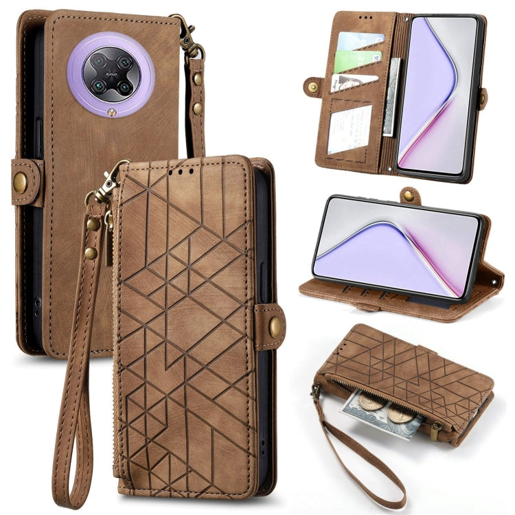 Geometric zipper wallet phone case with side buckle, tan brown leather-style with wrist strap