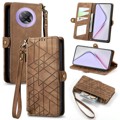 Geometric zipper wallet phone case with side buckle, tan brown leather-style with wrist strap