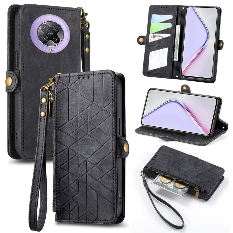 Geometric zipper wallet phone case with side buckle and wrist strap, black leather-look