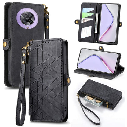 Geometric zipper wallet phone case with side buckle and wrist strap, black leather-look