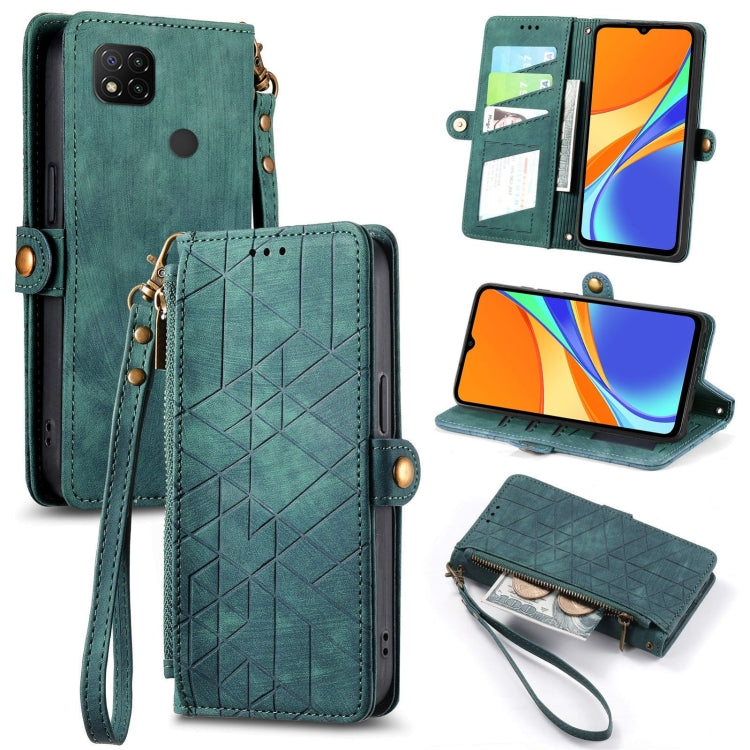 Green geometric zipper wallet phone case with side buckle, card slots, and wrist strap.