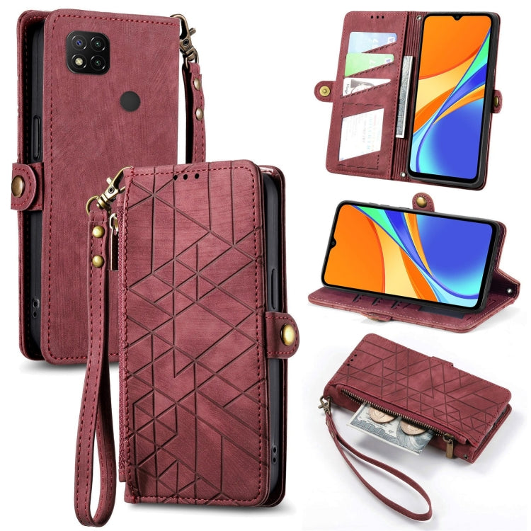 Burgundy geometric zipper wallet phone case with side buckle, card slots, and wrist strap.