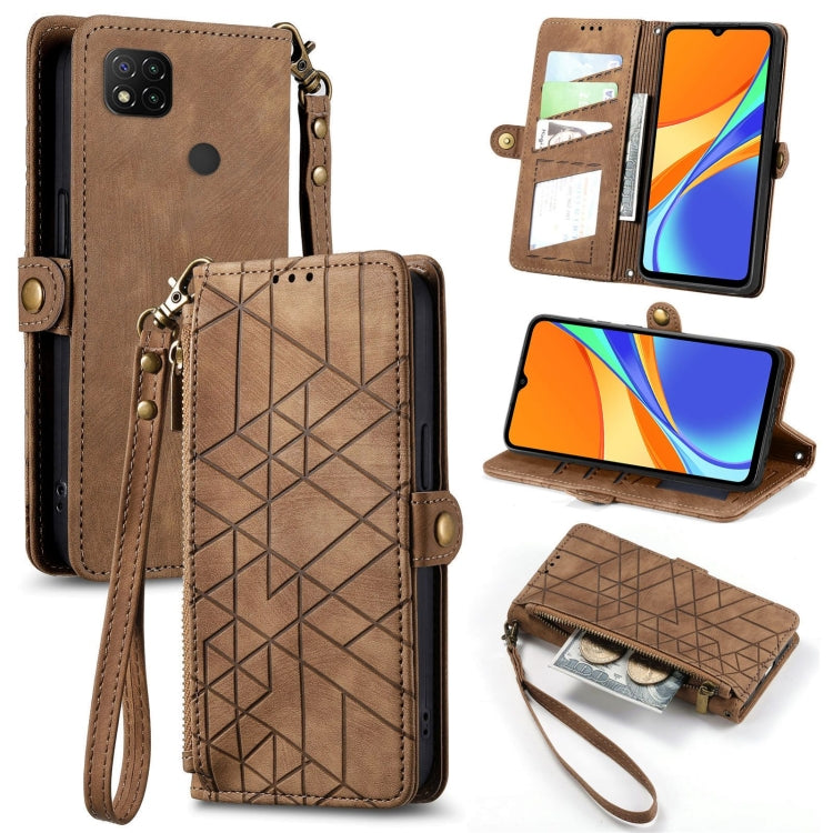 Tobacco brown geometric zipper wallet phone case with side buckle, card slots, and wrist strap.