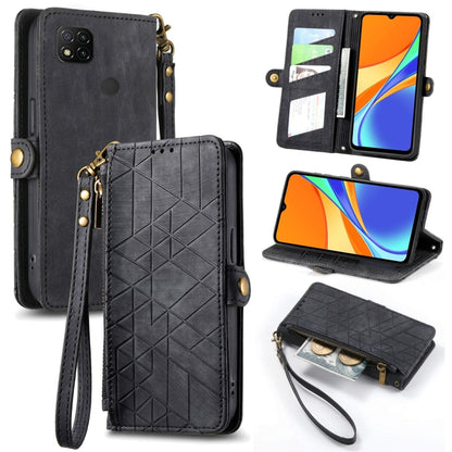 Charcoal geometric zipper wallet phone case with side buckle, card slots, and wrist strap.