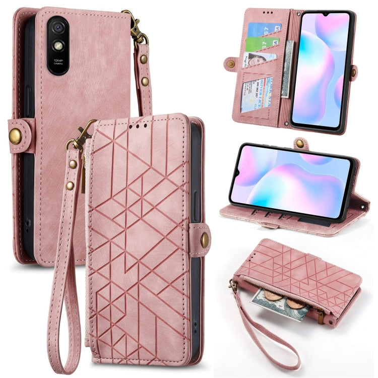 Geometric zipper wallet phone case, pink leather, side buckle, wrist strap, card slots