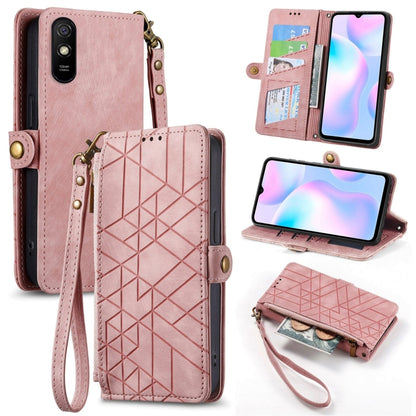 Geometric zipper wallet phone case, pink leather, side buckle, wrist strap, card slots