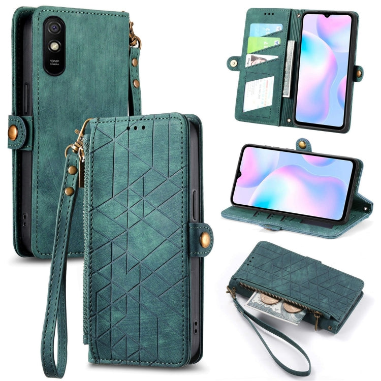 Geometric zipper wallet phone case, green leather, side buckle, wrist strap, card slots