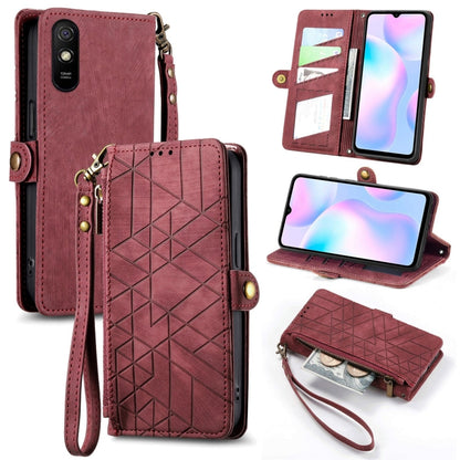 Geometric zipper wallet phone case, burgundy leather, side buckle, wrist strap, card slots