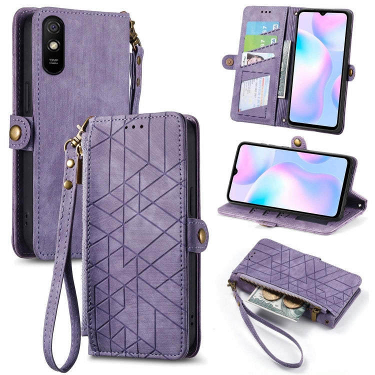 Geometric zipper wallet phone case, purple leather, side buckle, wrist strap, card slots