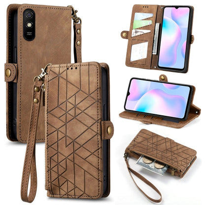 Geometric zipper wallet phone case, brown leather, side buckle, wrist strap, card slots