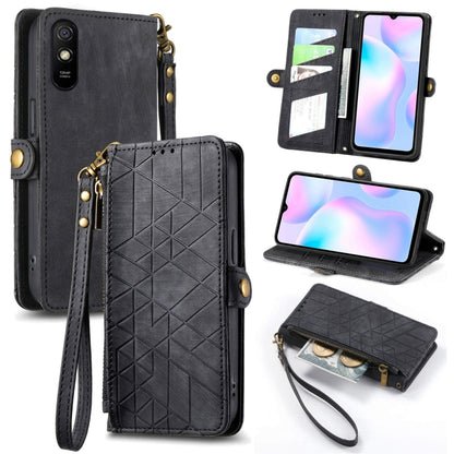 Geometric zipper wallet phone case, black leather, side buckle, wrist strap, stand cover