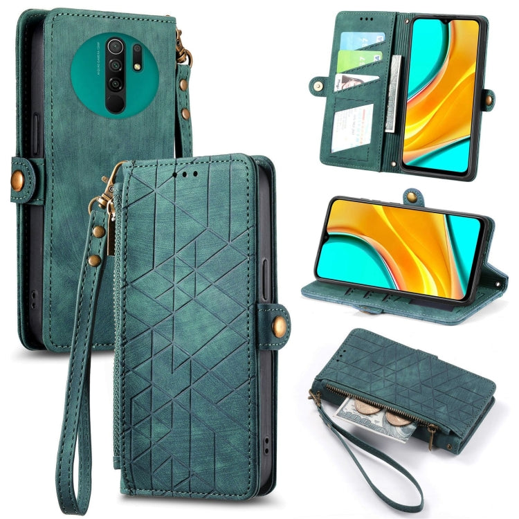 Geometric zipper wallet phone case, green leather, side buckle, wrist strap, stand cover