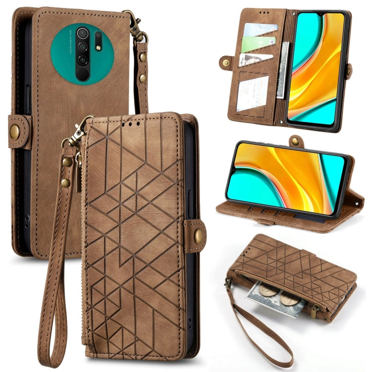 Brown geometric zipper wallet phone case with side buckle, card slots, and wrist strap.
