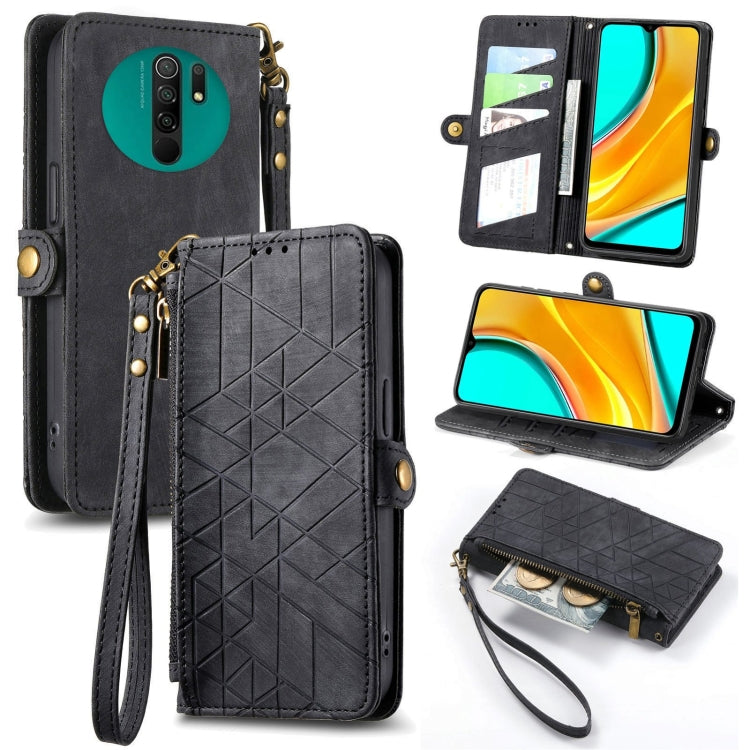 Black geometric zipper wallet phone case with side buckle, card slots, and wrist strap.