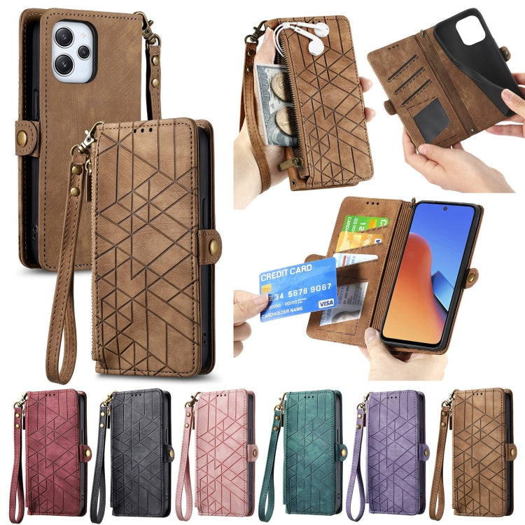 Geometric leather phone wallet cases in multiple colors with side buckle and zipper.